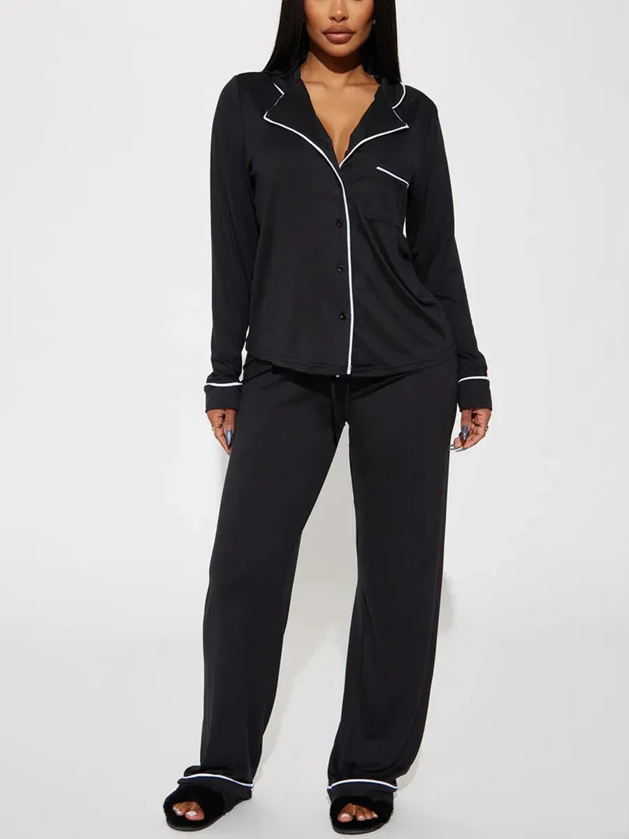 solid Women Pajama Sets Long Sleeves Front Button Top with chest pocket & Full-Length Pants 2 Piece Female Sleepwear Nightwear