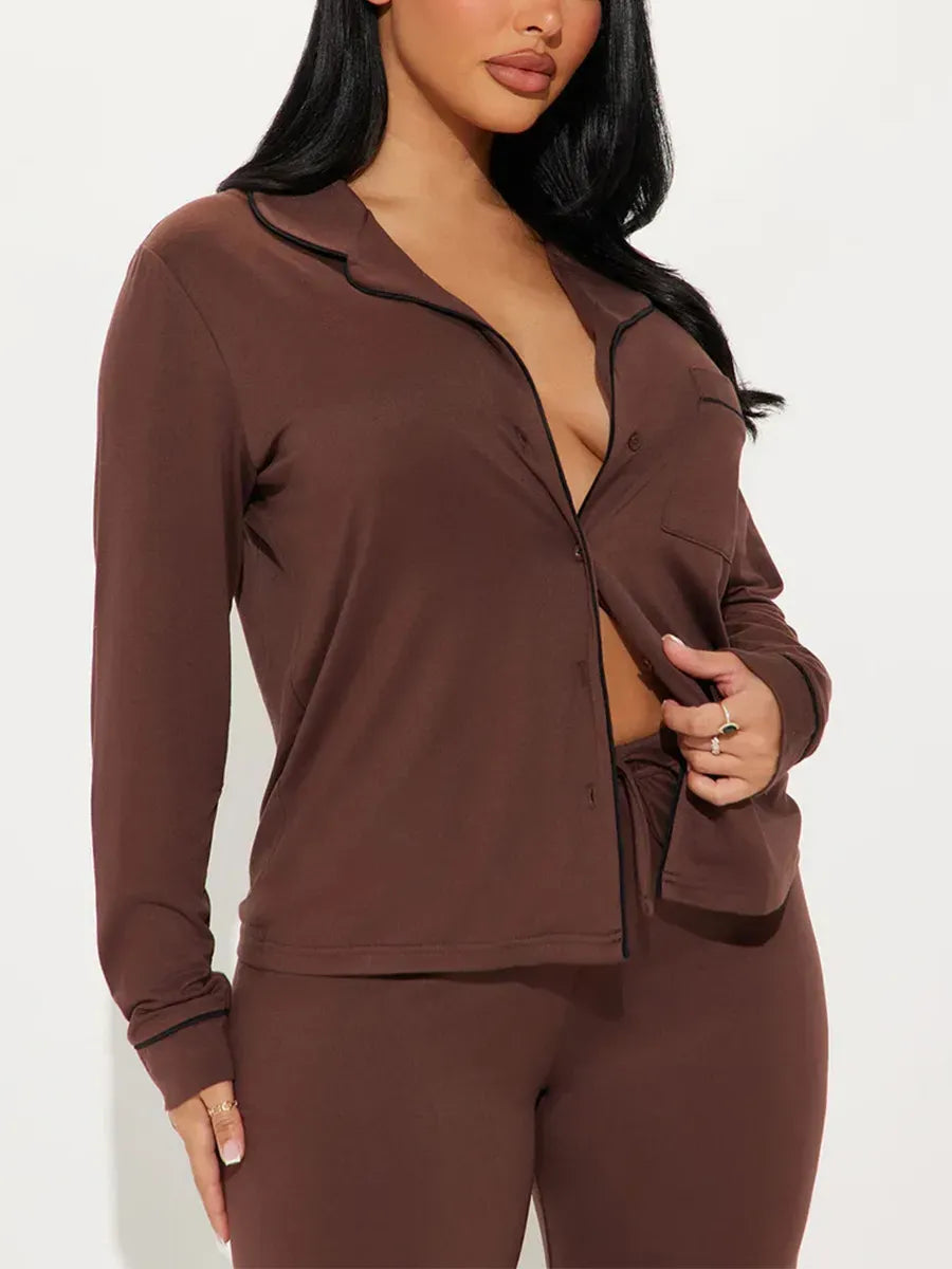 solid Women Pajama Sets Long Sleeves Front Button Top with chest pocket & Full-Length Pants 2 Piece Female Sleepwear Nightwear