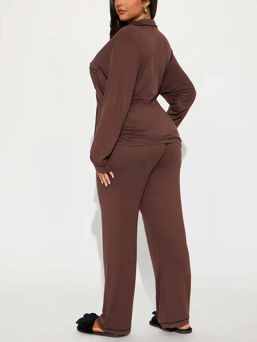 solid Women Pajama Sets Long Sleeves Front Button Top with chest pocket & Full-Length Pants 2 Piece Female Sleepwear Nightwear