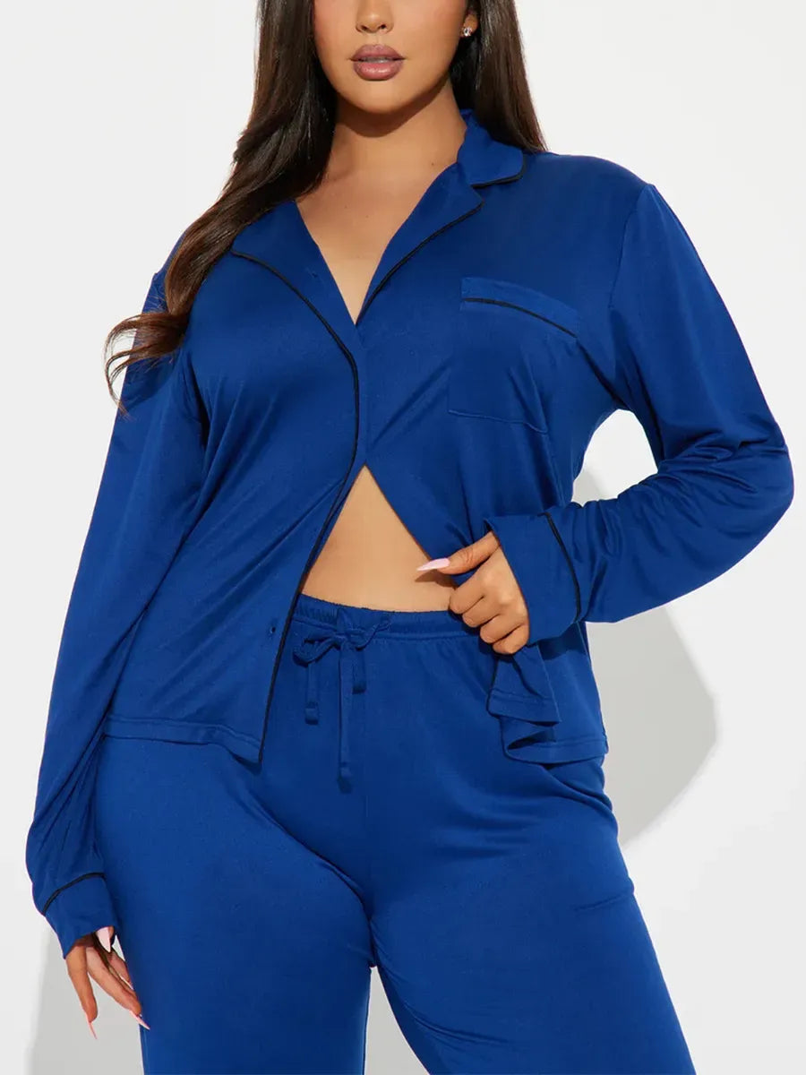 solid Women Pajama Sets Long Sleeves Front Button Top with chest pocket & Full-Length Pants 2 Piece Female Sleepwear Nightwear