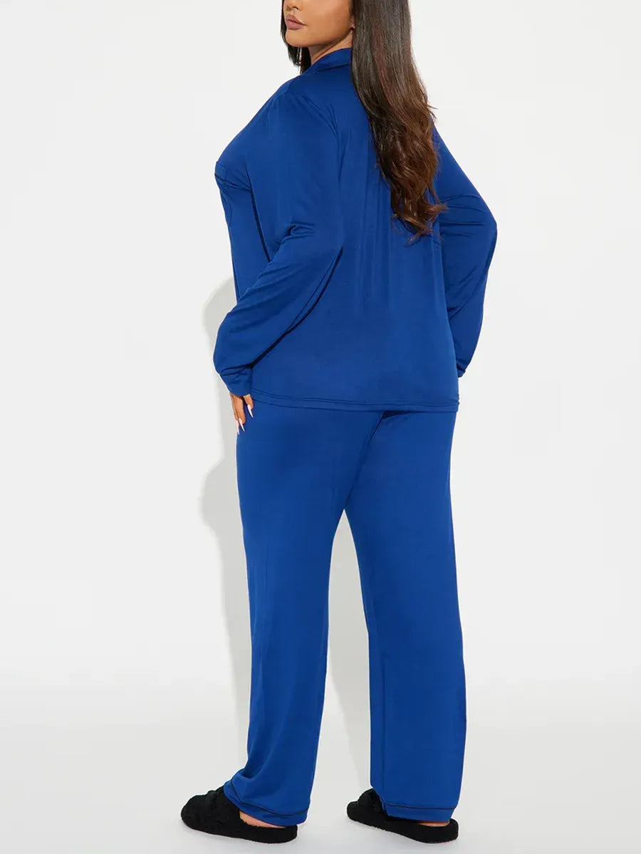 solid Women Pajama Sets Long Sleeves Front Button Top with chest pocket & Full-Length Pants 2 Piece Female Sleepwear Nightwear