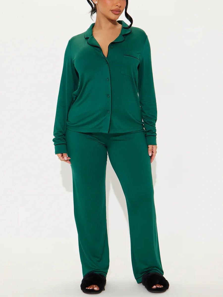 solid Women Pajama Sets Long Sleeves Front Button Top with chest pocket & Full-Length Pants 2 Piece Female Sleepwear Nightwear