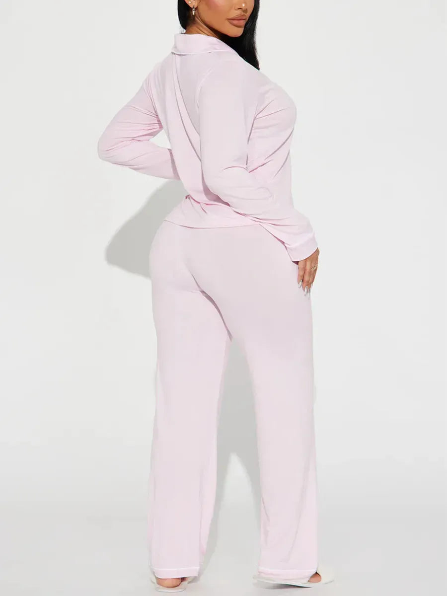 solid Women Pajama Sets Long Sleeves Front Button Top with chest pocket & Full-Length Pants 2 Piece Female Sleepwear Nightwear