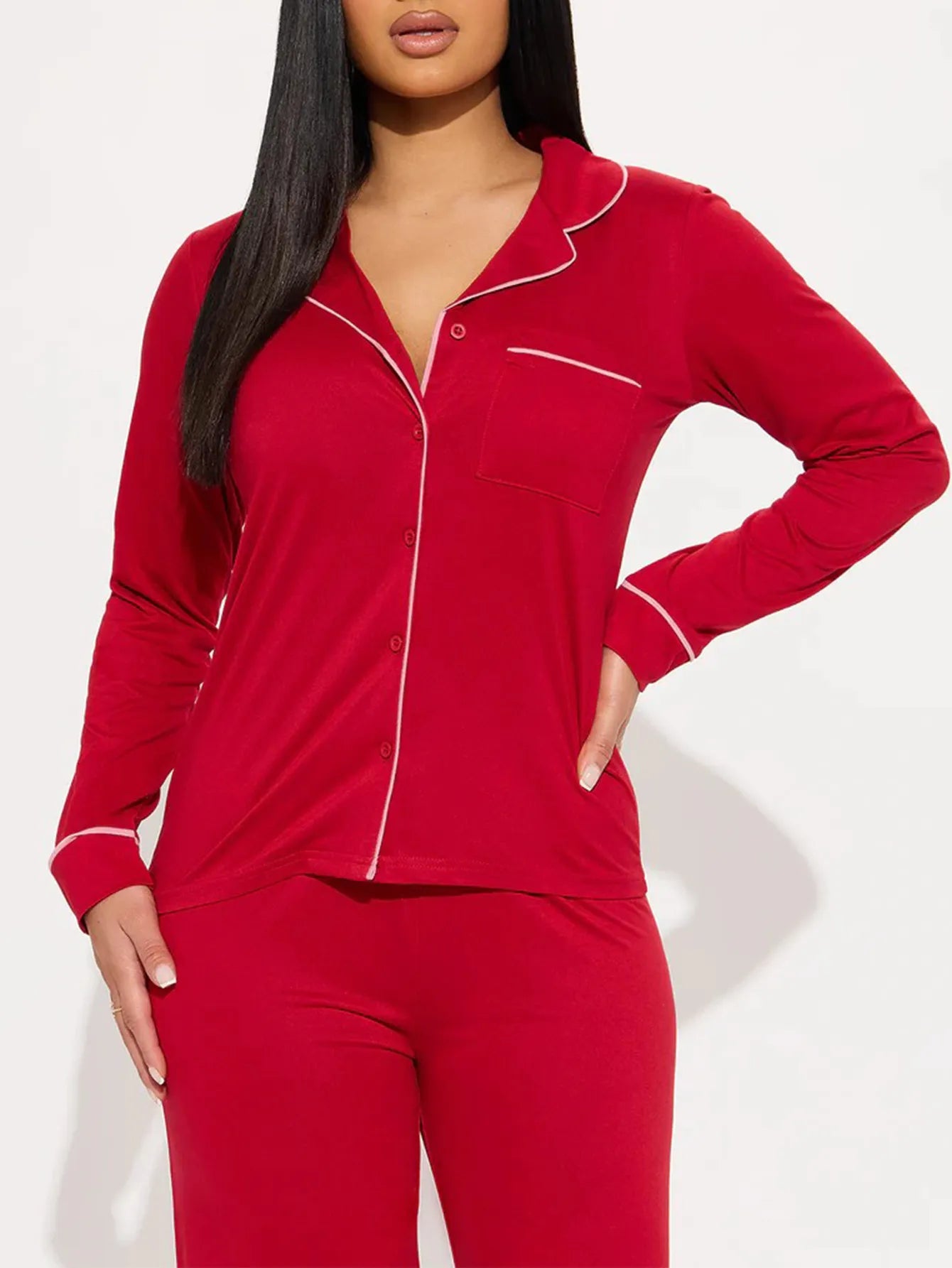 solid Women Pajama Sets Long Sleeves Front Button Top with chest pocket & Full-Length Pants 2 Piece Female Sleepwear Nightwear