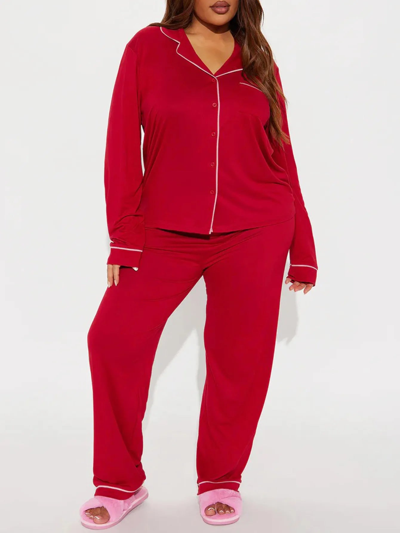 solid Women Pajama Sets Long Sleeves Front Button Top with chest pocket & Full-Length Pants 2 Piece Female Sleepwear Nightwear