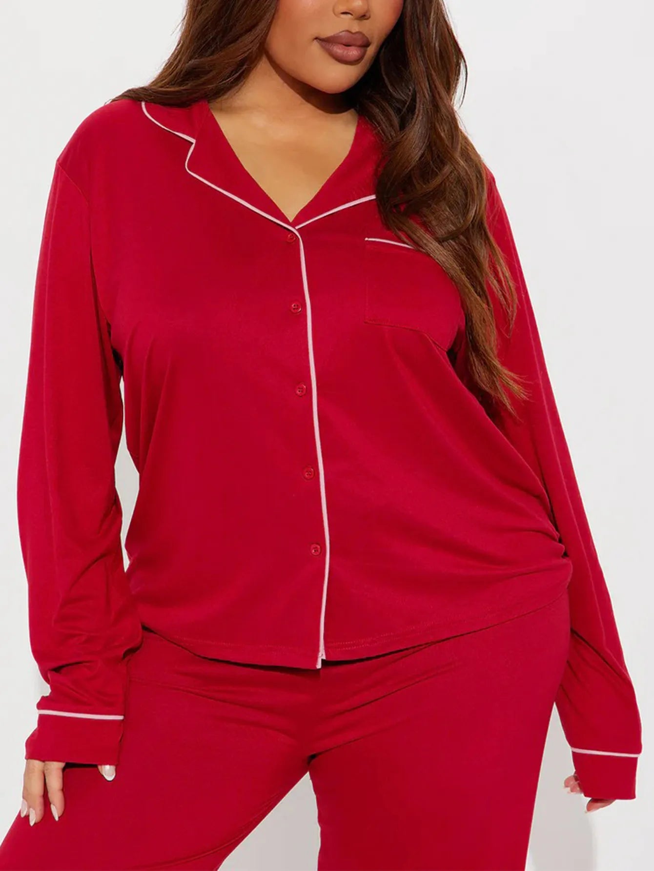 solid Women Pajama Sets Long Sleeves Front Button Top with chest pocket & Full-Length Pants 2 Piece Female Sleepwear Nightwear