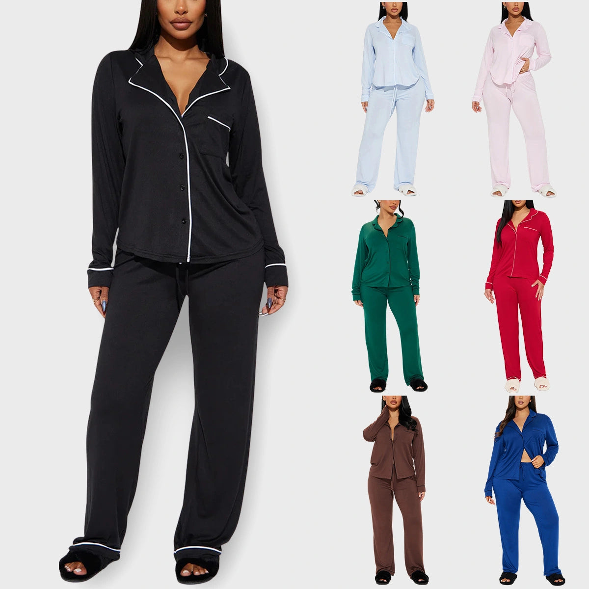solid Women Pajama Sets Long Sleeves Front Button Top with chest pocket & Full-Length Pants 2 Piece Female Sleepwear Nightwear