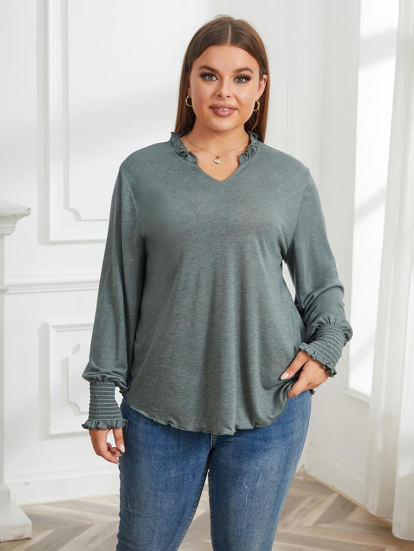 ebukurty  Plus Size Green Long Sleeve Top for Women V-Neck Soft Oversize T-shirts 1XL/3XL-4XL