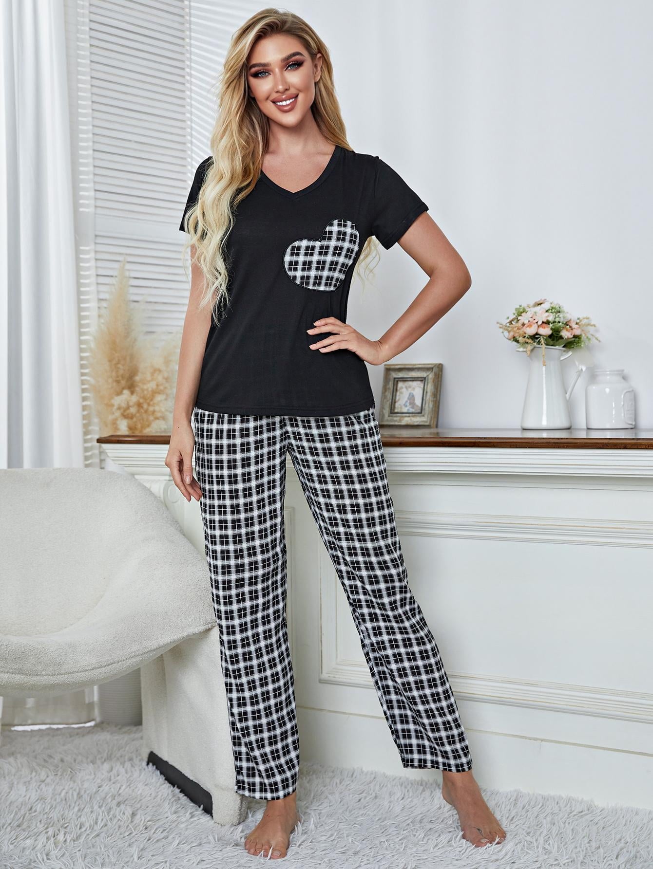 ebukurty Women's Pajamas Set 2 Piece V-Neck Short Sleeve Plaid Sleepwear, Sizes S-XL