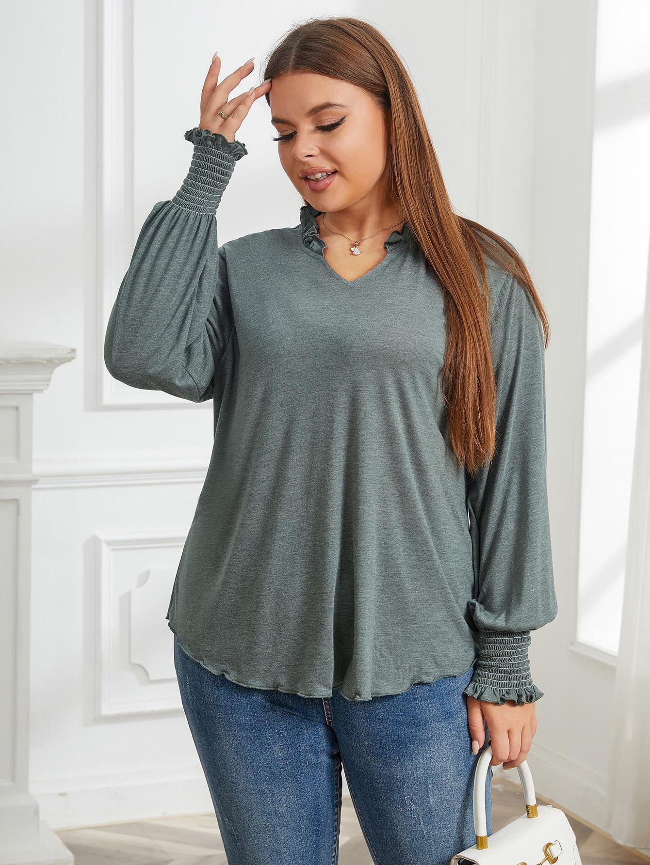ebukurty  Plus Size Green Long Sleeve Top for Women V-Neck Soft Oversize T-shirts 1XL/3XL-4XL